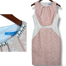 Antonio Melani Jacquard Sheath Dress Women Sz 4 Midi Beaded Lined Pink White