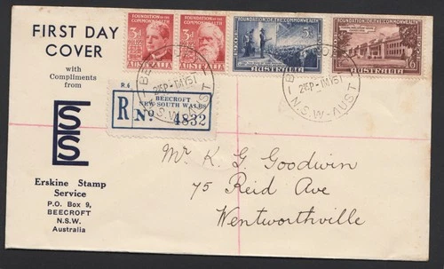 Australia registered Erskine FDC cover 1951 set of May 1st stamps