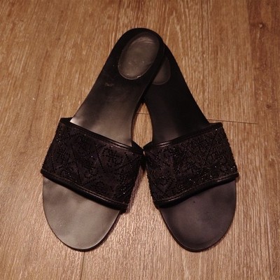 Vintage GUESS Black Leather Sequin Slide Sandals Open Toe Slip On Women's US 9