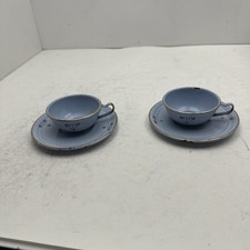 Antique Blue Enamelware Child  s Tea Cups And Saucers Pair