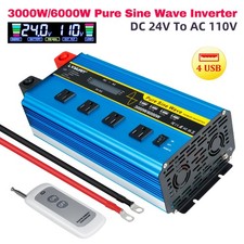 3000W Pure Sine Wave Inverter DC 24V to AC 110V Heavy Duty Power Converter 6000W
