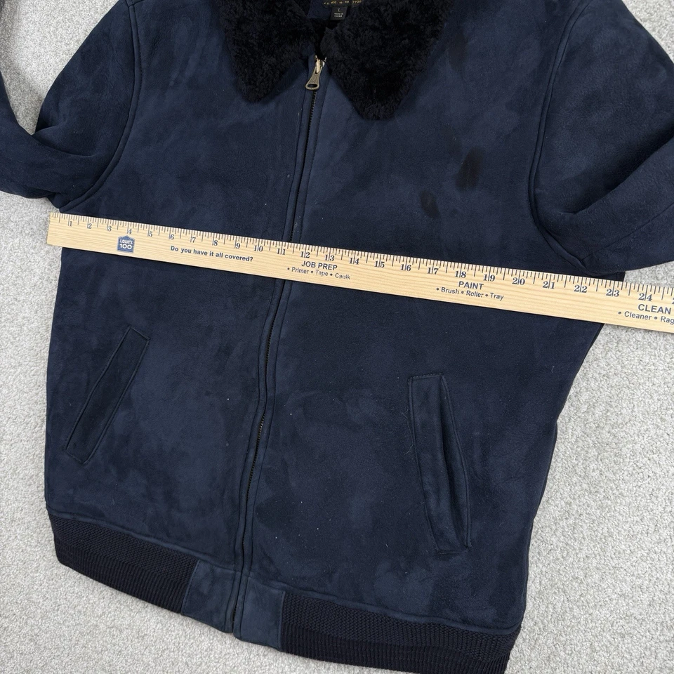 J Crew 皮革夹克男式大号蓝色夏尔巴内衬全拉链领 — 第 3/4 张图片