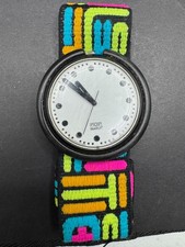 1990 Rare Pop Swatch Jet Black Watch Black Dots White Dial Colorful Strap