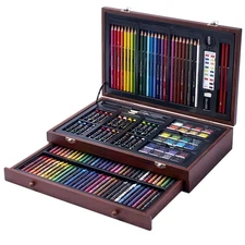 142 Pc Art Set with Colored Pencils, Crayons, Pastels, Watercolors in Wood Ca...