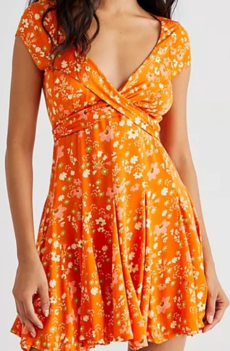 Free People Cute Tea Dress- Orange With Flower Print Size Pre Loved - Picture 2 of 8