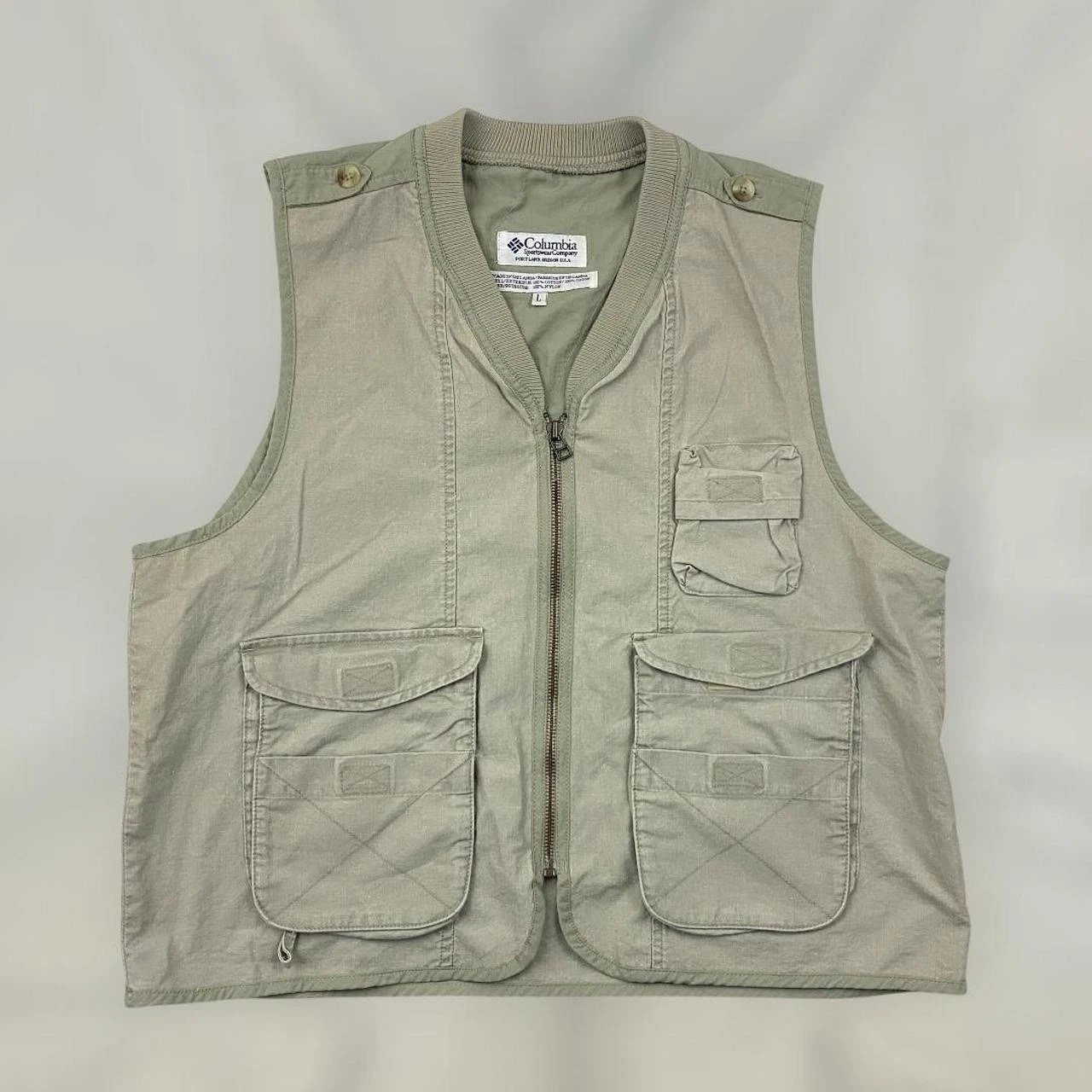VTG 80s 90s Columbia Sportswear Safari Hiking Fishing Vest Adult L Tan Cotton