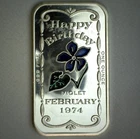 Enameled Art Bar 1974 FEBRUARY Happy Birthday VIOLET 1 oz .999 Silver by Ceeco