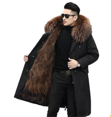 Mens Winter Jackets Coats Hooded Faux Fox Fur Parka Outwear Warm ...