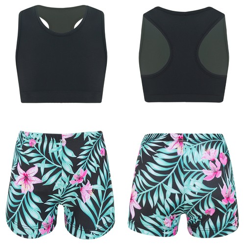 Kids Girls Dance Unitard Athletic Gymnastic Sports Crop Tank Tops+Shorts Sets - Picture 51 of 54