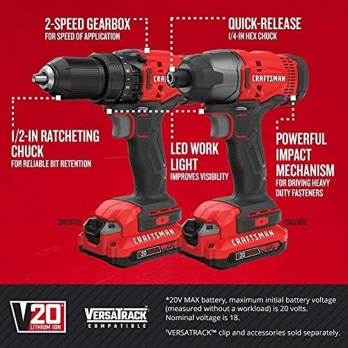 CRAFTSMAN V20 MAX Cordless Drill and Impact Driver, Power Tool Combo Kit with 2 - Picture 7 of 7