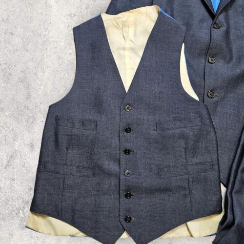 VTG 1971 Bespoke tailored 3 piece navy satin lined formal suit 40S W32 - Imagen 2 de 12