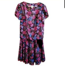 Vintage 80s Blouson Floral Dress Purple Swiss Dot Drop Waist Size 12 Made in USA