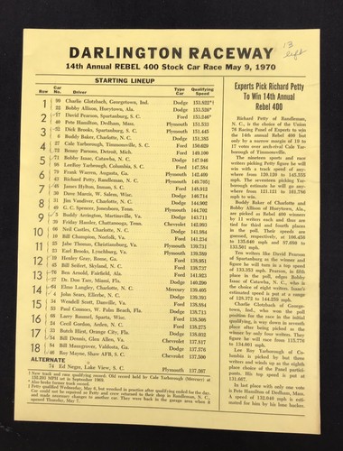 14th Annual Rebel 400 1970 Darlington Raceway Official Program & Starting Sheet - Picture 13 of 14