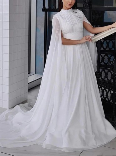 Muslim White Wedding Dresses Chiffon A-line Belt Undetachable Shawl Pleats Gowns - Bild 2 von 15