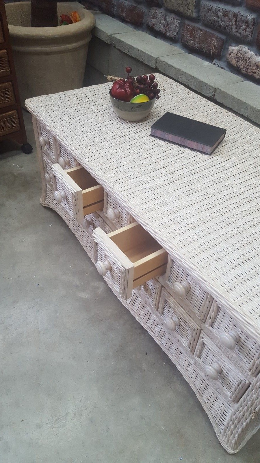 Brand New All Natural Whitewash Wicker Storage Apothecary Coffee Table