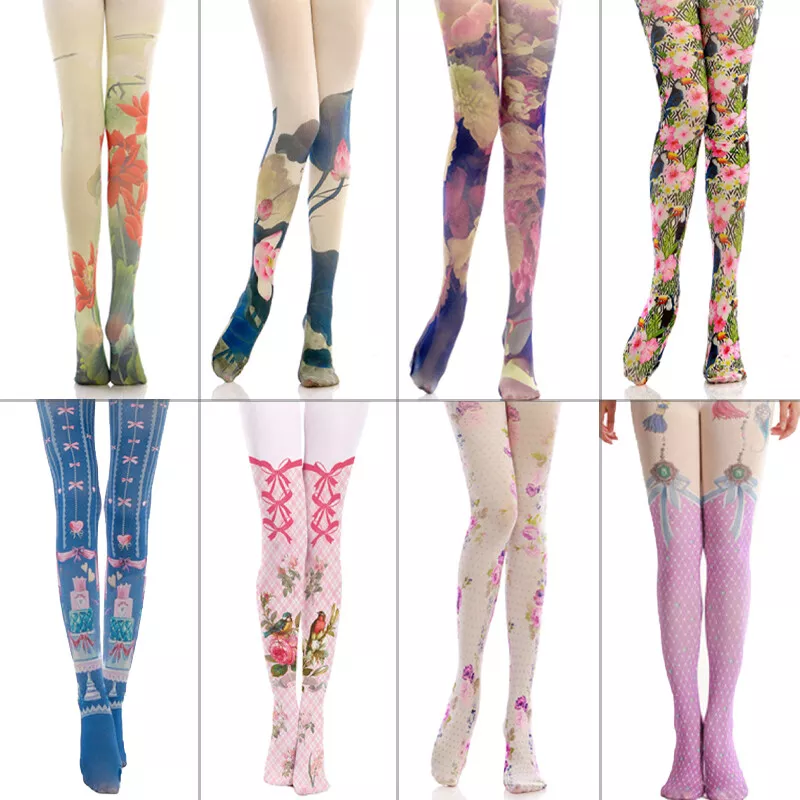 140d Cute Flower Printing Stockings Lolita Velvet Tights Pantyhose