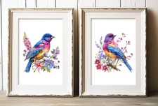 Colorful Birds Prints, Set of 2 Art Prints, Birds and Flowers Wall Art Decor