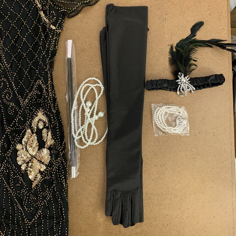 Conjunto de 9 piezas de vestido y accesorios grande con flecos y flecos de lentejuelas negras y doradas para mujer Foto 3 de 4