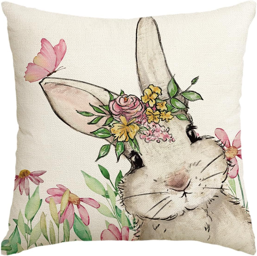 Easter Floral Garland Bunny Throw Pillow Cover, 20 x 20 Inch Spring Rabbit Holid