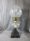 SUPERB VINTAGE ANTIQUE BRASS & GLASS OIL LAMP ORIGINAL  ETCHED  OIL LAMP SHADE