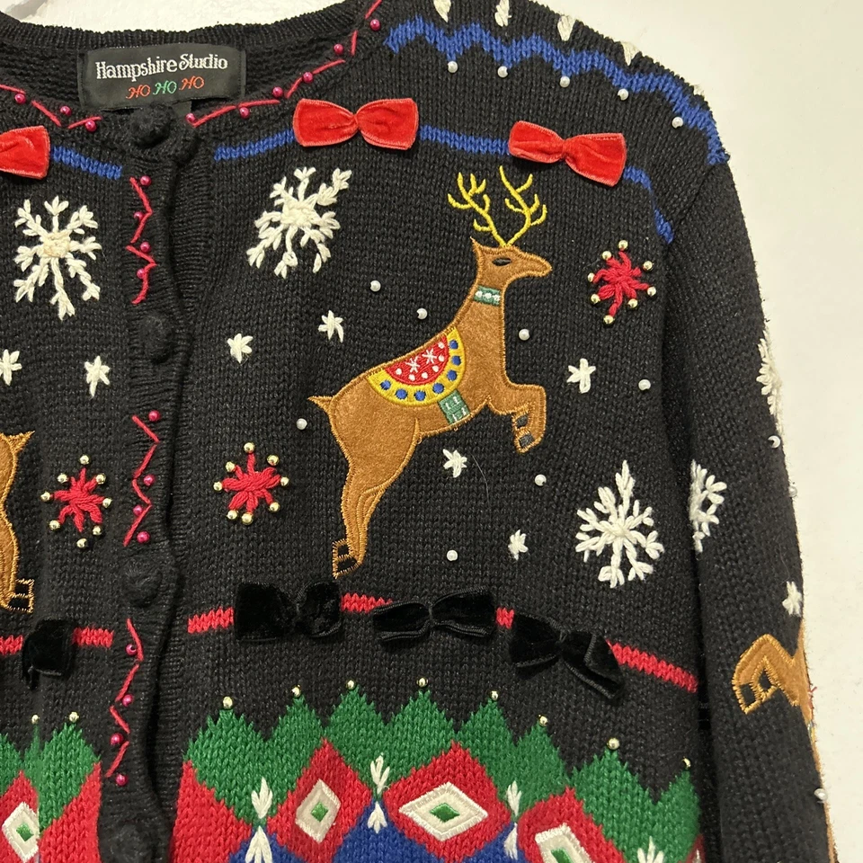 Hampshire Studio Feo Navidad Cárdigan Suéter Para Mujer Grande Negro Foto 3 de 4