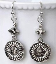 Silver Flower Earrings. Nature. Bloom. Sunflower