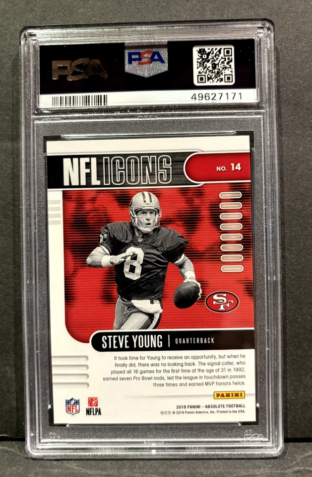 2019 Panini Absolute NFL Icons Steve Young SF 49ers Card #14 PSA GEM MINT 10 HOF - Image 2 of 2