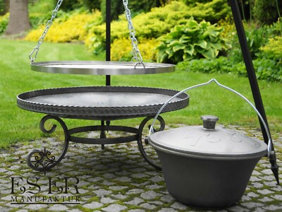 Super Grillset - Schwenkgrill 50 cm INOX Feuerschale 60 cm und Gusseienkessel 7l