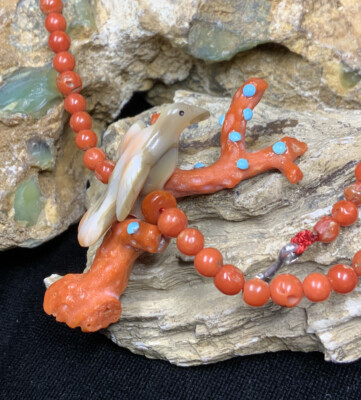 Zuni “Leekya Deyuse” Abalone Bird, Red Coral & Turquoise Necklace