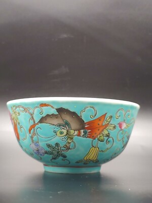 中国　古七宝琺瑯彩　花蝶文盤　皿　V　R8772 清代粉彩瓷松石绿蝶恋花碗Antique Chinese Qianlong Mark Famille Rose