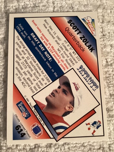 1991 Pacific Scott Zolak #614 Rookie Card RC-NE New England Patriots - Picture 2 of 2