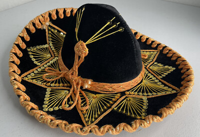 Vintage Belri Authentic Youth Mexican Mariachi Sombrero Hat Black Velvet  Gold