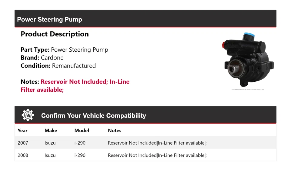 Bomba de dirección asistida Cardone para Isuzu i-290 2007-2008 Foto 2 de 4