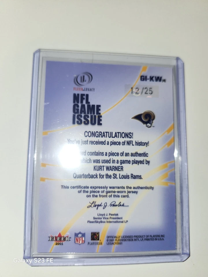 Tarjeta de reliquia de camiseta Fleer Legacy Kurt Warner 2001 edición del juego #12/25 GI-KW Foto 4 de 4