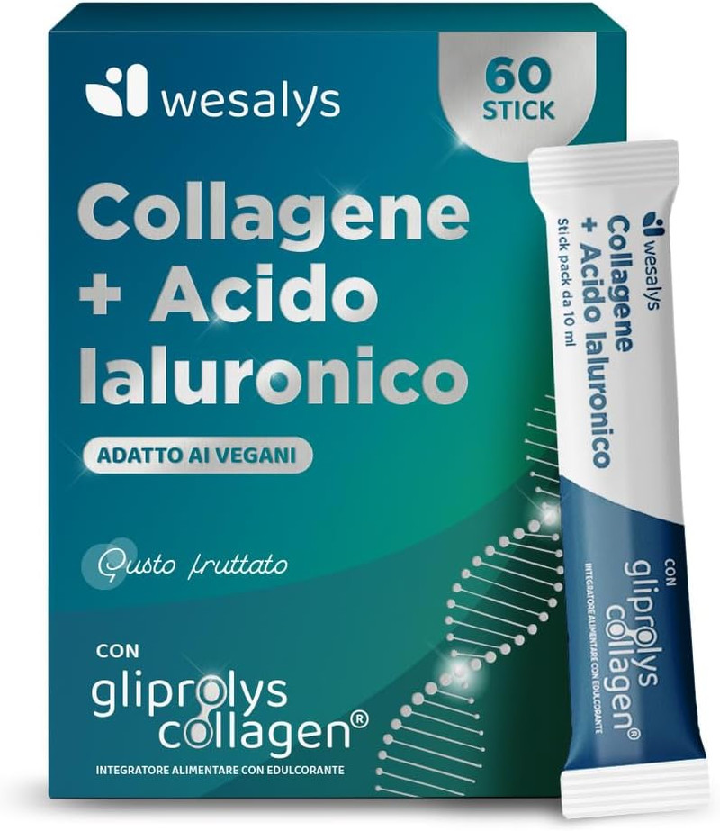 Collagene da Bere e Acido Ialuronico | 60 Stick Wesalys con Gliprolys®