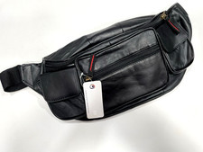 BLACK Genuine Leather Extra Large Fanny Waist Pack Bag Zippers- Card  Key Cell