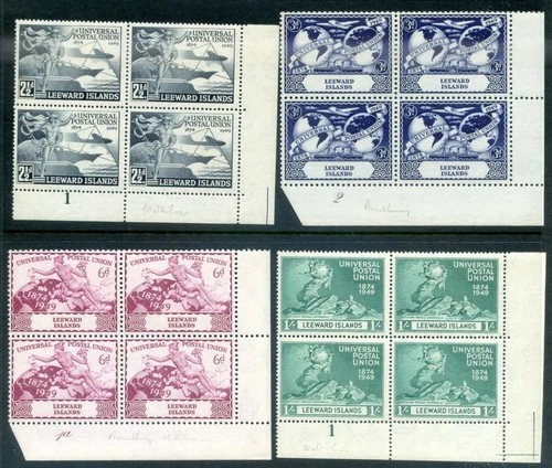 1949 U.P.U. BR.COMMONWEALTH LEEWARD IS. SET 4v U/MINT PLATE BLOCKS OF 4 VGC