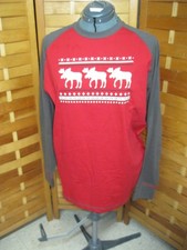 New Lazy One pajama Tee size M raglan LS red 3 moose on front gray sleeves