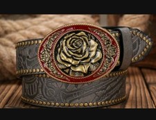 Western Americana Red Rose Floral Design Belt Buckle Oval silver no belt