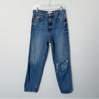 Zara Size 6 High Rise Medium Wash Ripped Knee Straight Leg Jeans Rigid Cotton