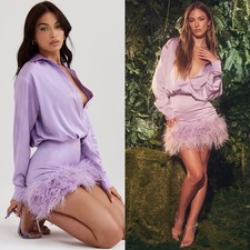 NEW House of CB Tyra Orchid Satin Feather Shirt Dress Size XS