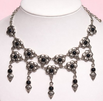 VTG DANON Daisy Necklace Black Cabochon Fringe Drop Silver Boho Dangle Statement