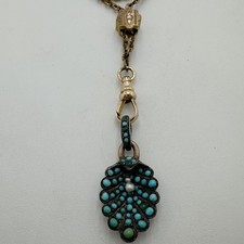 ANTIQUE VICTORIAN GOLD FILLED SILVER PEARL PERSIAN TURQUOISE PENDANT NECKLACE