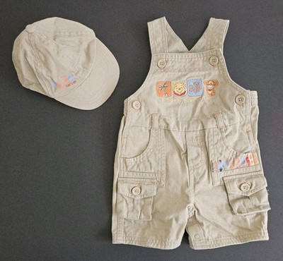 Vtg Pooh Cargo Shortall Baseball Hat 2 Pc Set 3-6 Months Surf's Up Baby Boy