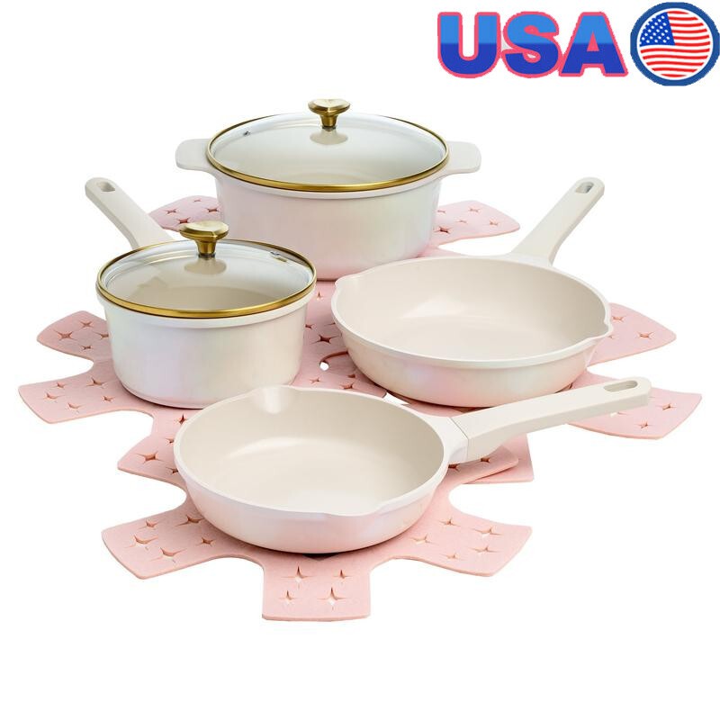 10-Piece Ceramic Nonstick Cast Aluminum Cookware Set with Decorative Heart Knobs