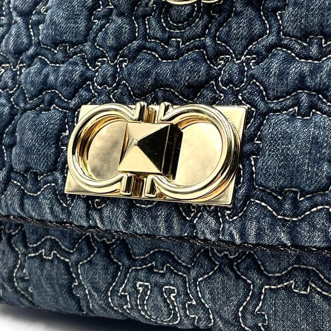 Salvatore Ferragamo Chain Shoulder Bag Crossbody Flap Denim Quilted Gancini Blue