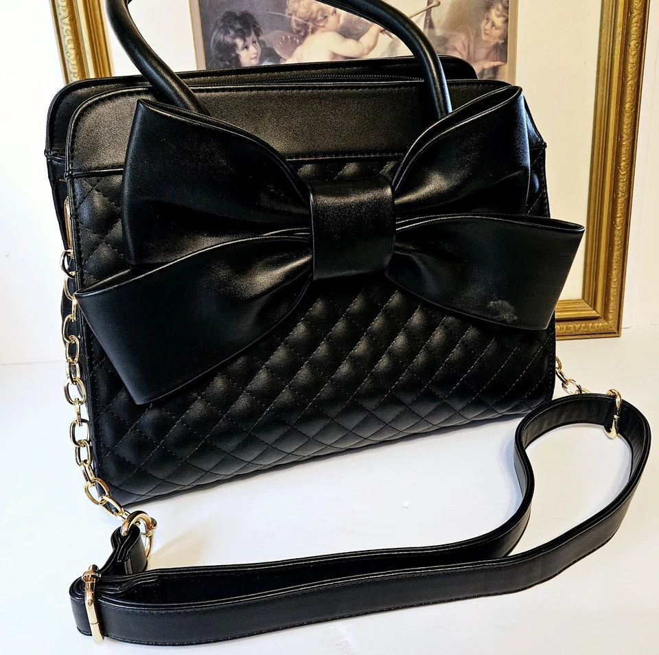 Scarleton Quilted Bow Purse – Black Vegan Leather Satchel, Girly Gift for Her - Image 3 of 4