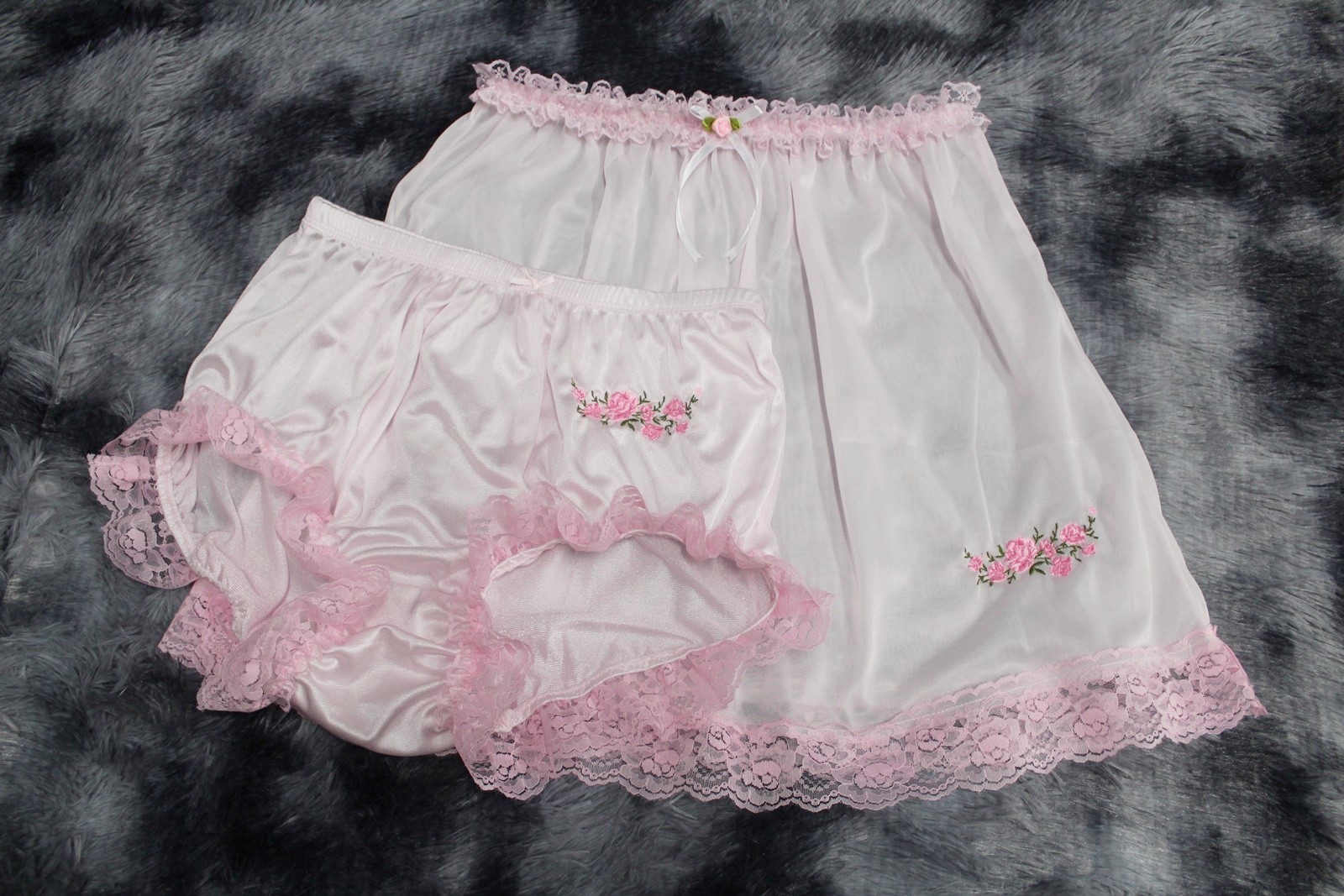 #A223 2XL/ElasticW.24-42" Vintage Style Pink Nylon Full Brief +Half Slip