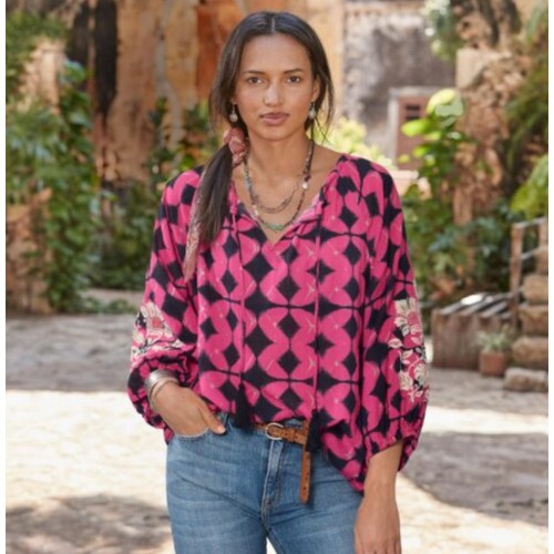Sundance Hyacinth Batik Embroidered Sleeve Peasant Top Women’s XL Boho Bold - Bild 2 von 11