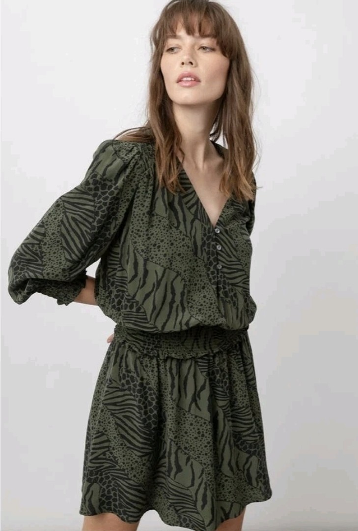 Rails Zana Animal Print Mini Dress XL Olive Zebra Leopard Boho Smocked